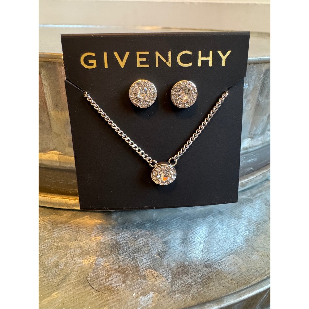 Givenchy Silver Tone Crystal Necklace and Earrings Jewelry Set